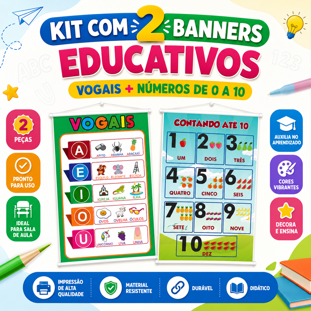 Kit 2 Banners Educacional Vogais e Números de 0 a 10